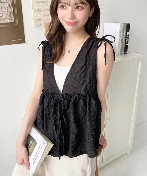 セール】ポコポコチェックショルダーリボンペプラムベスト（ベスト