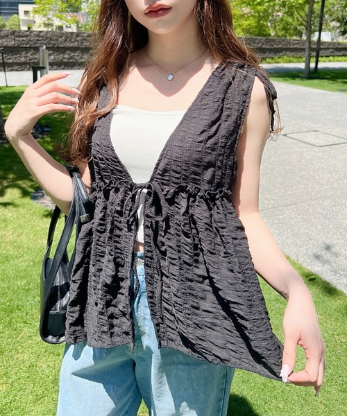 セール】ポコポコチェックショルダーリボンペプラムベスト（ベスト