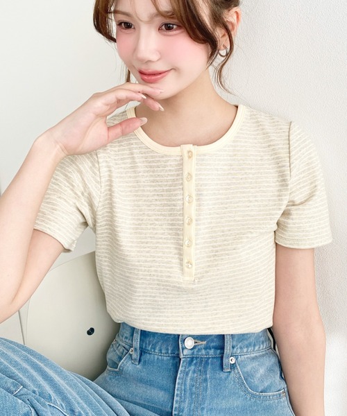 セール】ヘンリーネックボーダー半袖Tシャツ（Tシャツ/カットソー