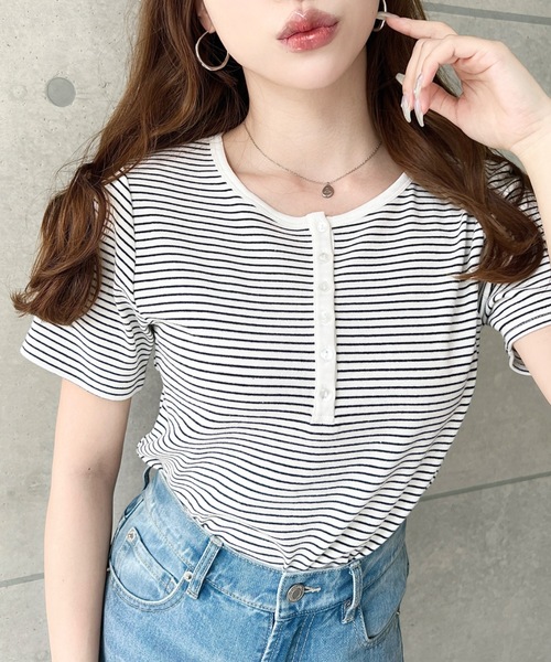 セール】ヘンリーネックボーダー半袖Tシャツ（Tシャツ/カットソー