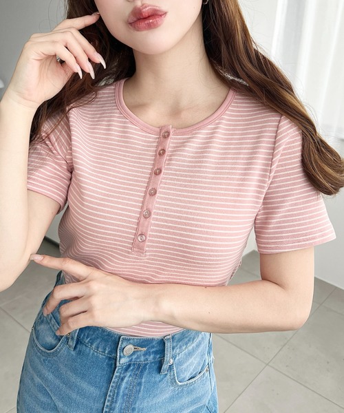 moment+(モーメントプラス)の「ヘンリーネックボーダー半袖Tシャツ(Tシャツ/カットソー・レディース・ピンク/ネイビー/オートミール/チャコールグレー/オフホワイト/ブラック・M/L)」の6枚目の写真