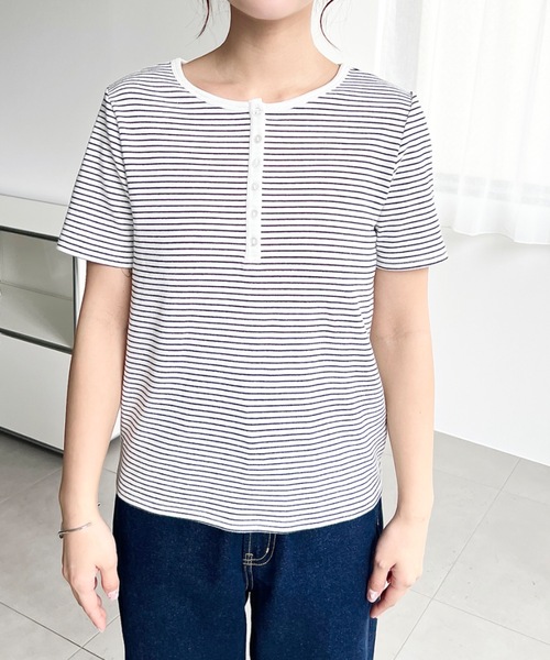 セール】ヘンリーネックボーダー半袖Tシャツ（Tシャツ/カットソー