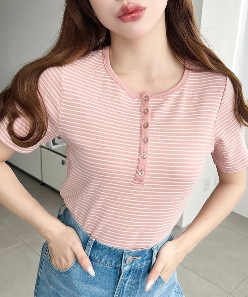 セール】ヘンリーネックボーダー半袖Tシャツ（Tシャツ/カットソー