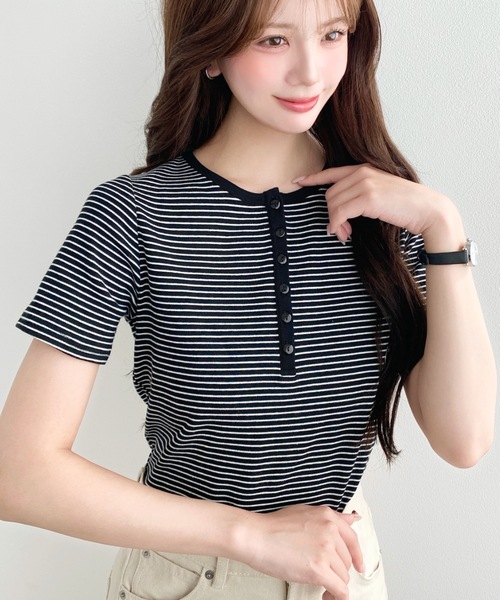 moment+(モーメントプラス)の「ヘンリーネックボーダー半袖Tシャツ(Tシャツ/カットソー・レディース・ピンク/ネイビー/オートミール/チャコールグレー/オフホワイト/ブラック・M/L)」の20枚目の写真