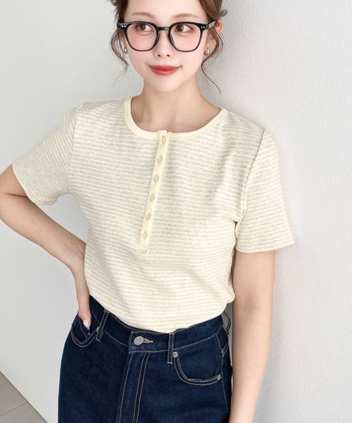 セール】ヘンリーネックボーダー半袖Tシャツ（Tシャツ/カットソー
