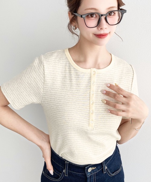 セール】ヘンリーネックボーダー半袖Tシャツ（Tシャツ/カットソー