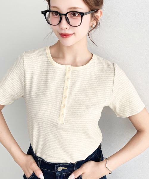 moment+(モーメントプラス)の「ヘンリーネックボーダー半袖Tシャツ(Tシャツ/カットソー・レディース・ピンク/ネイビー/オートミール/チャコールグレー/オフホワイト/ブラック・M/L)」の10枚目の写真