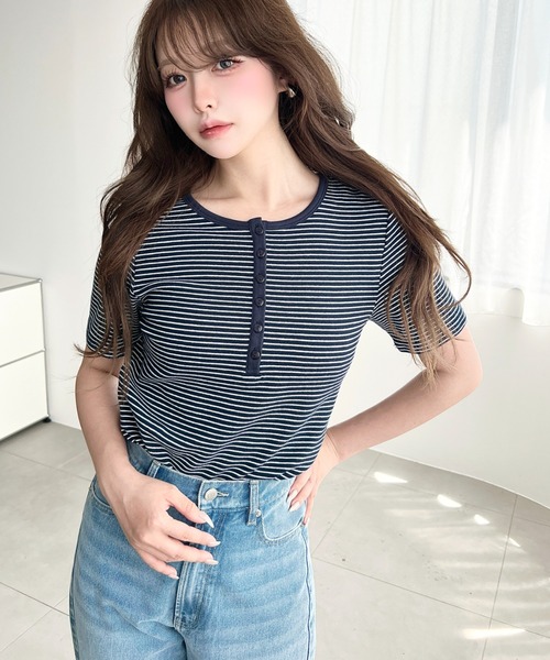 セール】ヘンリーネックボーダー半袖Tシャツ（Tシャツ/カットソー