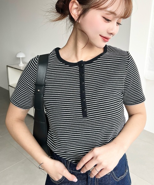 moment+(モーメントプラス)の「ヘンリーネックボーダー半袖Tシャツ(Tシャツ/カットソー・レディース・ピンク/ネイビー/オートミール/チャコールグレー/オフホワイト/ブラック・M/L)」の18枚目の写真