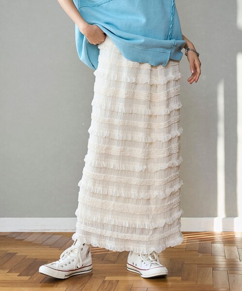 coen（コーエン）の「シフォンフリルナロースカート（スカート・レディース・オフホワイト/ブラック・FREE）」の2枚目の写真