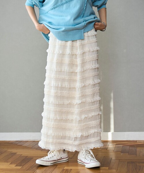coen（コーエン）の「シフォンフリルナロースカート（スカート・レディース・オフホワイト/ブラック・FREE）」の3枚目の写真