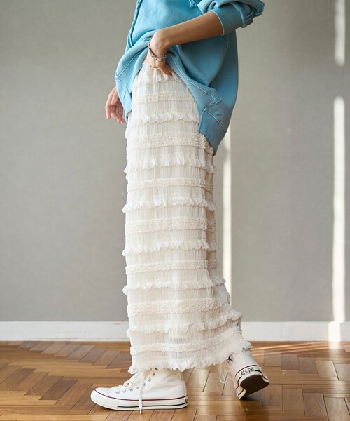 coen（コーエン）の「シフォンフリルナロースカート（スカート・レディース・オフホワイト/ブラック・FREE）」の5枚目の写真