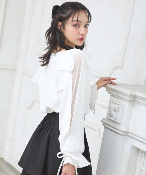 INGNI（イング）の「【WEB限定】袖シアー＆リボントップス（Tシャツ/カットソー・レディース・ピンク/ブラック/オフホワイト/ボルドー・M）」の2枚目の写真