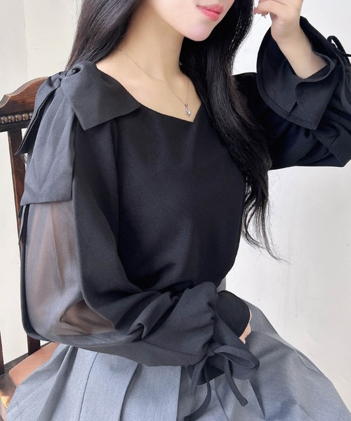 INGNI（イング）の「【WEB限定】袖シアー＆リボントップス（Tシャツ/カットソー・レディース・ピンク/ブラック/オフホワイト/ボルドー・M）」の3枚目の写真