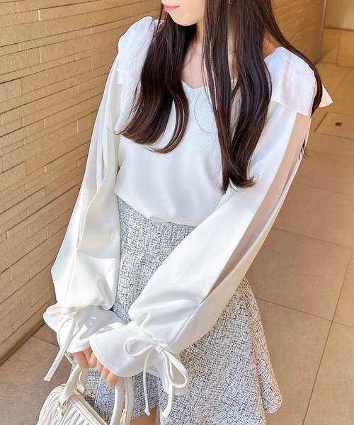 INGNI（イング）の「【WEB限定】袖シアー＆リボントップス（Tシャツ/カットソー・レディース・ピンク/ブラック/オフホワイト/ボルドー・M）」の11枚目の写真