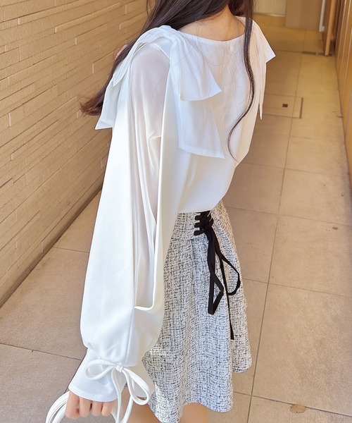 INGNI（イング）の「【WEB限定】袖シアー＆リボントップス（Tシャツ/カットソー・レディース・ピンク/ブラック/オフホワイト/ボルドー・M）」の5枚目の写真