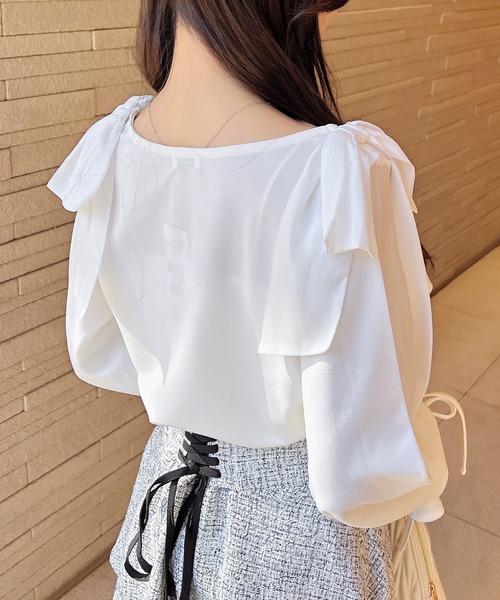 INGNI（イング）の「【WEB限定】袖シアー＆リボントップス（Tシャツ/カットソー・レディース・ピンク/ブラック/オフホワイト/ボルドー・M）」の6枚目の写真