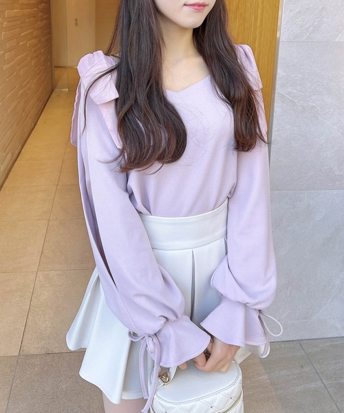 INGNI（イング）の「【WEB限定】袖シアー＆リボントップス（Tシャツ/カットソー・レディース・ピンク/ブラック/オフホワイト/ボルドー・M）」の12枚目の写真