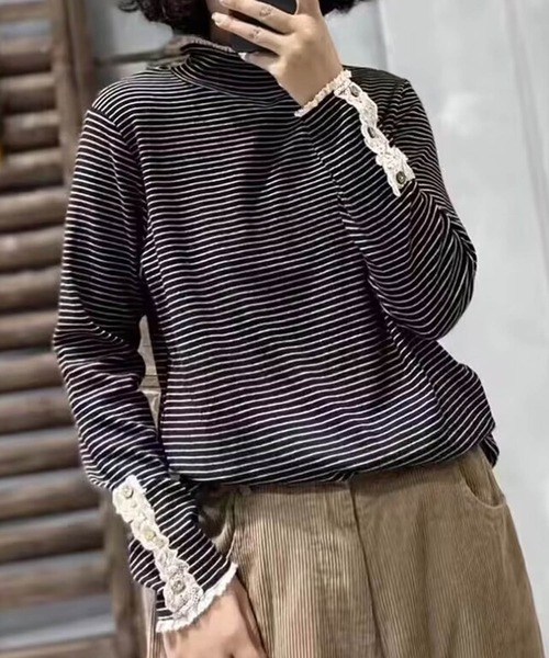 aimoha（アイモハ）の「ボーダーデザインフリルタートルネックトップス（Tシャツ/カットソー・レディース・ブラック/ベージュ/レッド・FREE）」の6枚目の写真