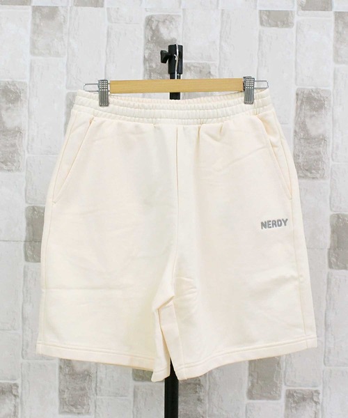 NERDY(ノルディ)の「NERDY ステッチロゴハーフパンツ STITCH LOGO HALF PANTS(スウェットパンツ・メンズ・ピンク/ブラック/クリーム・M/L)」の1枚目の写真