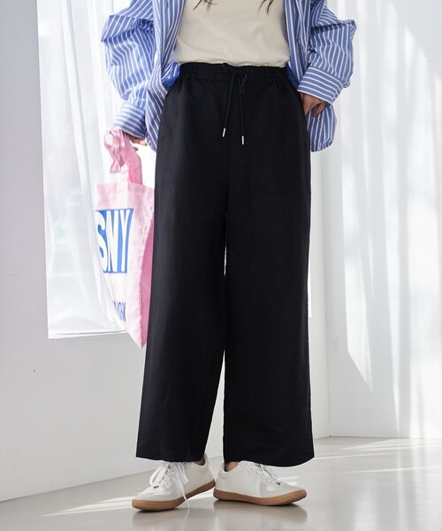 coen（コーエン）の「接触冷感リネンレーヨンワイドパンツ（WEB限定サイズ）（スラックス・レディース・ブラック/オリーブ/ベージュ/コバルトブルー・S/M/L/XL）」の2枚目の写真