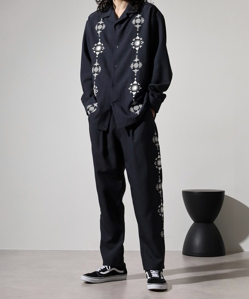 美品✨キューバシャツ シアサッカー生地 刺繍 幾何学 ゆるダボ 白 紺 青 XL 刺繍デザイン】cubashirt キューバシャツ ライトブルー SOBRINO