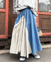 DOUBLE NAME | デニム×小花柄オリガミタックフレアスカート(デニムスカート)