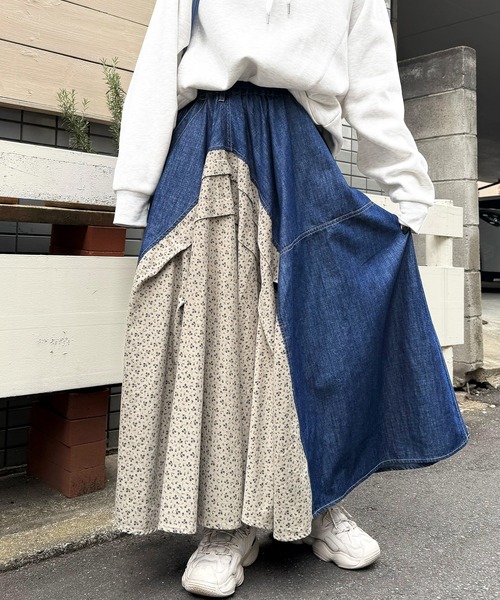 DOUBLE NAME（ダブルネーム）の「デニム×小花柄オリガミタックフレアスカート（デニムスカート・レディース・ブルー系/インディゴブルー・FREE）」の9枚目の写真