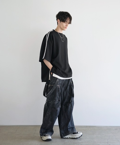 LILL(リル)の「サイドスリットコットンポンチビッグシルエットシルケットライク5分袖ドレープカットソー 吸水速乾/接触冷感/UVカット(Tシャツ/カットソー・メンズ・ホワイト/ブラック×ホワイト/ホワイト×ブラック/ブラック/ワイン/グレー/ホワイト系/ブラック系/パープル/ブルーグレー/ワイン系/ブルー系・XS/S/M/L)」の20枚目の写真