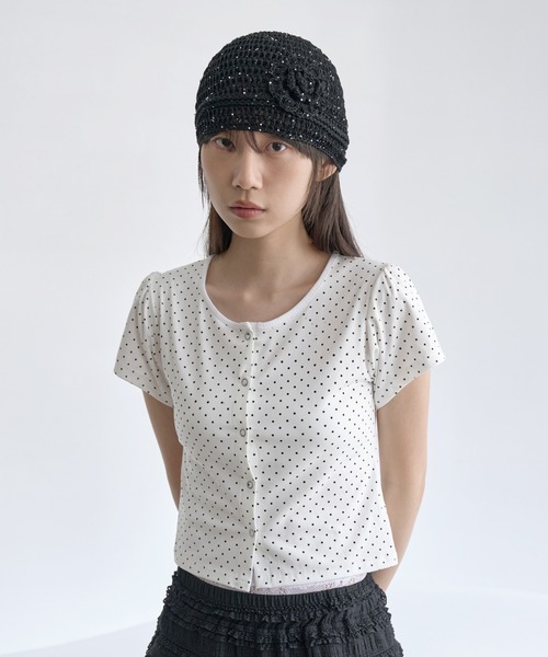 UNE MANSION(ユヌマンション)の「キラキララメラブリーフラワーワッペンサマーニット帽(キャップ・レディース・ブラック/ホワイト/ピンク・ONE SIZE)」の7枚目の写真