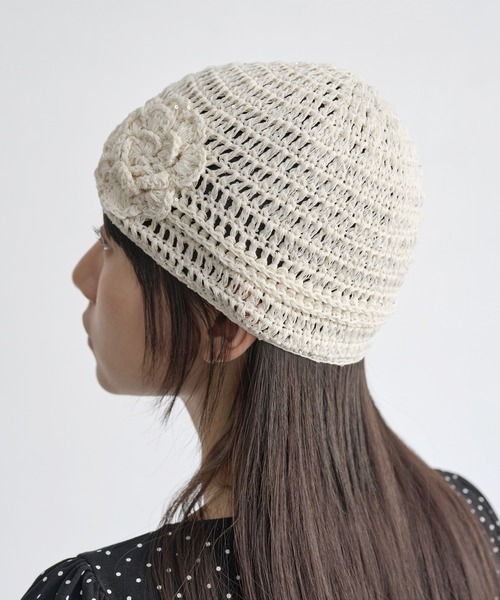 UNE MANSION(ユヌマンション)の「キラキララメラブリーフラワーワッペンサマーニット帽(キャップ・レディース・ブラック/ホワイト/ピンク・ONE SIZE)」の14枚目の写真