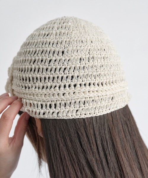 UNE MANSION(ユヌマンション)の「キラキララメラブリーフラワーワッペンサマーニット帽(キャップ・レディース・ブラック/ホワイト/ピンク・ONE SIZE)」の15枚目の写真