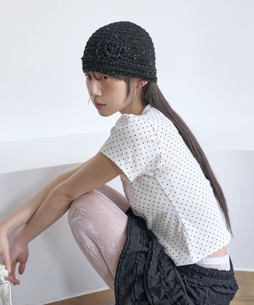☆たっぷりゆったりラメ入りネップ 後ろに垂れるニット帽☆ブラック キラキララメラブリーフラワーワッペンサマーニット帽（キャップ