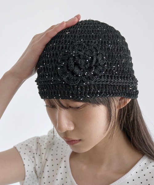 UNE MANSION(ユヌマンション)の「キラキララメラブリーフラワーワッペンサマーニット帽(キャップ・レディース・ブラック/ホワイト/ピンク・ONE SIZE)」の21枚目の写真