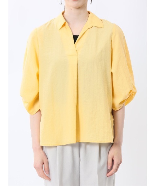 m.f.editorial（エムエフエディトリアル）の「【UVカット 高通気 イージーケア】m.f.エディトリアルレディース 袖タックかぶり スキッパーチュニック（シャツ/ブラウス・レディース・ブラック×ホワイト/イエロー・MEDIUM/LARGE）」の6枚目の写真