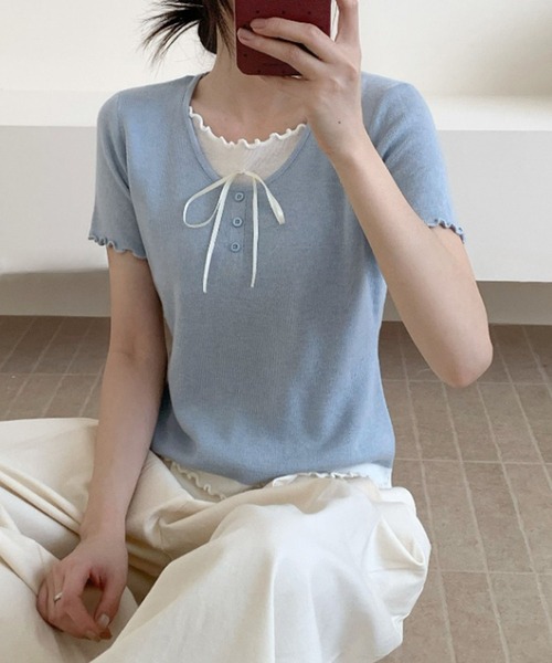 aimoha(アイモハ)の「リボン付きフリルニットトップス (SS)(ニット/セーター・レディース・ブルー/ホワイト/ライトグレー/イエロー/ネイビー・FREE)」の4枚目の写真