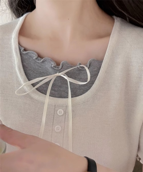 aimoha(アイモハ)の「リボン付きフリルニットトップス (SS)(ニット/セーター・レディース・ブルー/ホワイト/ライトグレー/イエロー/ネイビー・FREE)」の9枚目の写真
