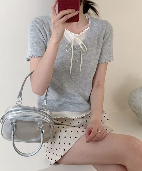 aimoha(アイモハ)の「リボン付きフリルニットトップス (SS)(ニット/セーター・レディース・ブルー/ホワイト/ライトグレー/イエロー/ネイビー・FREE)」の13枚目の写真