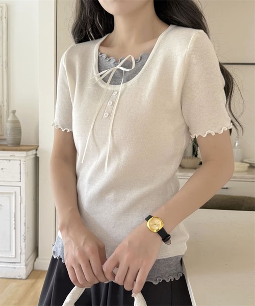 aimoha(アイモハ)の「リボン付きフリルニットトップス (SS)(ニット/セーター・レディース・ブルー/ホワイト/ライトグレー/イエロー/ネイビー・FREE)」の8枚目の写真