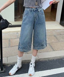 ウォッシュ加工 ユニーク ハイウエスト6分丈 デニムパンツ