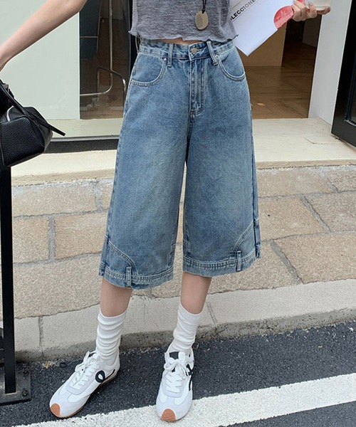 Lace Ladies(レースレディース)の「ウォッシュ加工 ユニーク ハイウエスト6分丈 デニムパンツ(デニムパンツ・レディース・ネイビー/ブルー・XS/S/M/L/XL)」の2枚目の写真