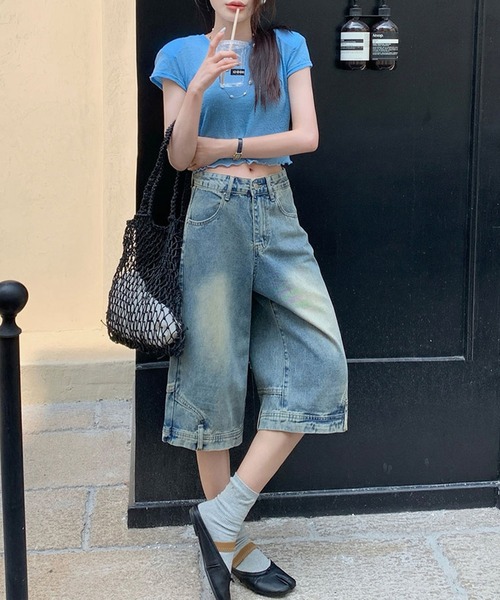 デニム パンツ ハイウエスト ワイドレッグ ウオッシュ加工 6 セール】ウォッシュ加工 ユニーク ハイウエスト6分丈 デニム