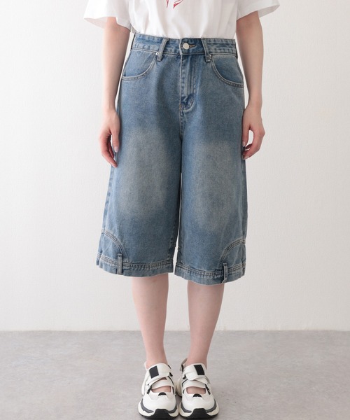 2色 デニム ハーフ パンツ ハイウエスト ウォッシュ加工 無地 4 セール】4釦ハイウエストデニムパンツ（デニムパンツ）｜Dream