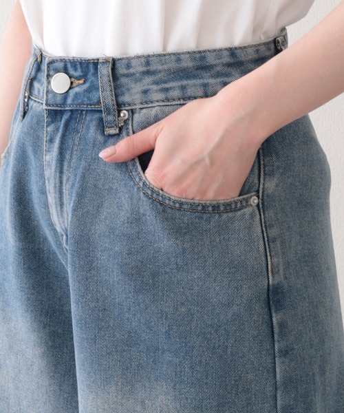 デニム パンツ ハイウエスト ワイドレッグ ウオッシュ加工 6 セール】ウォッシュ加工 ユニーク ハイウエスト6分丈 デニム