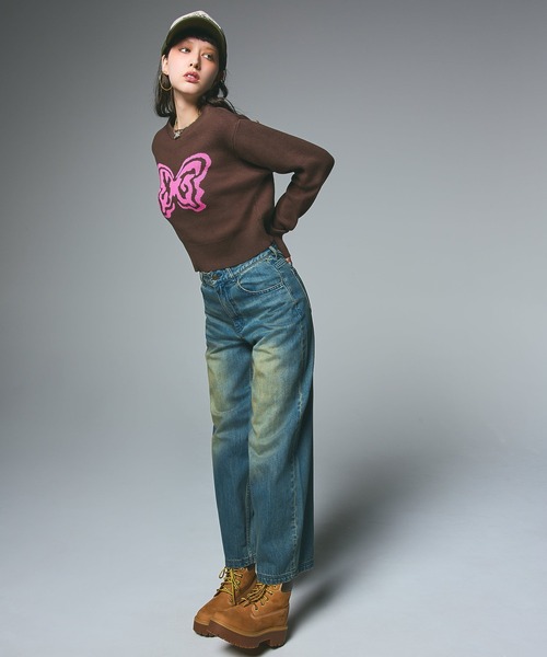 X-girl(エックスガール)の「BUTTERFLY XG LOGO COMPACT KNIT TOP(ニット/セーター・レディース・ブラック/ブラウン/ホワイト・ONE SIZE)」の4枚目の写真