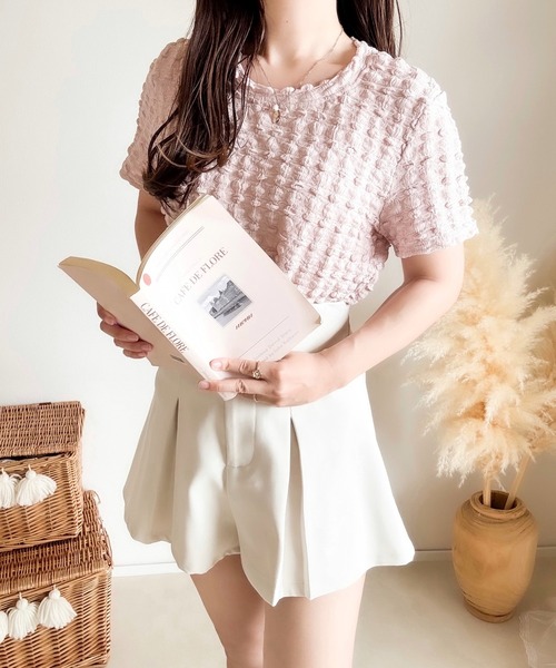 merrylatte(メリーラテ)の「ジャカードポコポコTシャツ(Tシャツ/カットソー・レディース・ピンク・MEDIUM)」の1枚目の写真