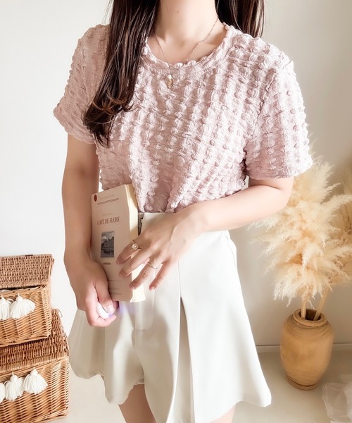 merrylatte(メリーラテ)の「ジャカードポコポコTシャツ(Tシャツ/カットソー・レディース・ピンク・MEDIUM)」の3枚目の写真
