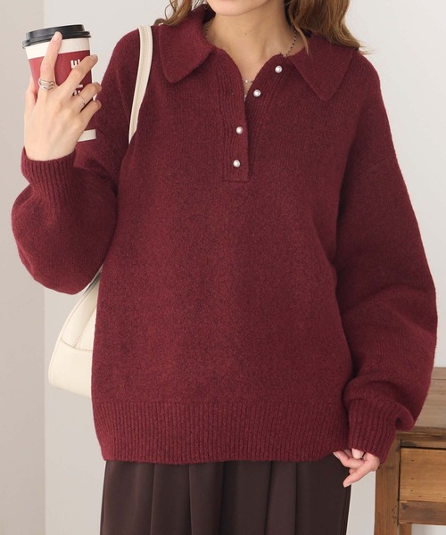 BONLECILL(ボンルシール)の「もちもちパールボタンニットポロ(ニット/セーター・レディース・ネイビー/ブラック/アイボリー/グレー/ワイン・FREE)」の5枚目の写真