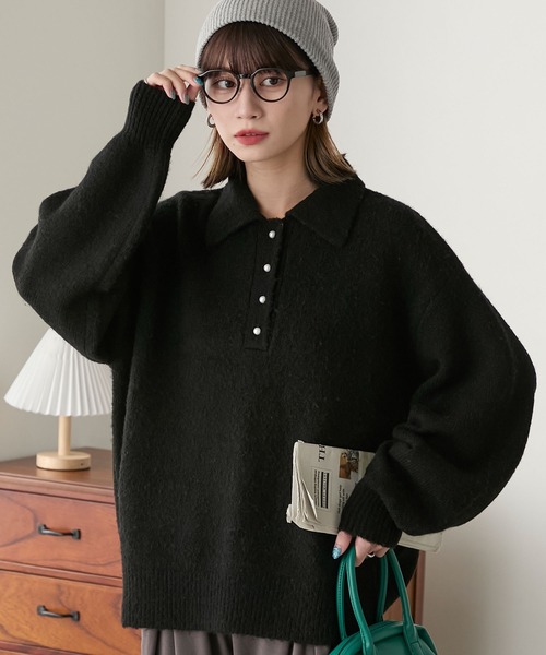 BONLECILL(ボンルシール)の「もちもちパールボタンニットポロ(ニット/セーター・レディース・ネイビー/ブラック/アイボリー/グレー/ワイン・FREE)」の22枚目の写真