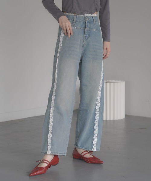 セール】Side lace line straight denim pants / サイドレース